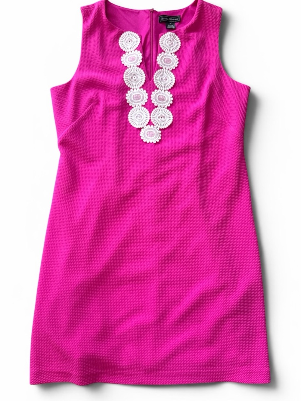 Jessica Howard Fuchsia Sleeveless Shift Dress with White Crochet Medallions
